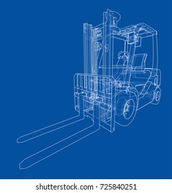 Forklift concept. Vector rendering of 3d. Wire-frame style. The layers of visible and invisible lines are separated