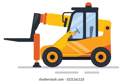 Forklift construction equipment, side view of orange cargo automobile, machine with pallet, factory vehicle element of decoration, transportation vector