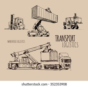 forklift with container. Hand drawn sketch illustration