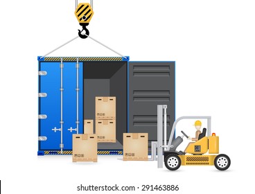 Forklift crane and cargo container or shipping container for shipment storage and transport goods product and raw material between location or country, International trade equipment to exchange goods.