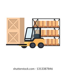 forklift delivery with boxes in shelving