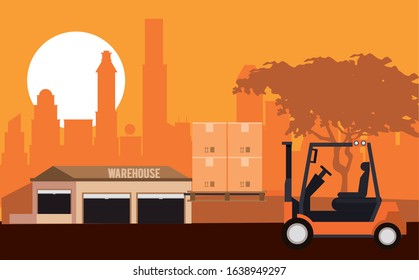 forklift delivery service on the city scene vector illustration design