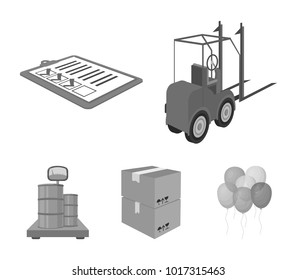 Forklift, delivery slips, packaged goods, cargo on weighing scales. Logistics and delivery set collection icons in monochrome style isometric vector symbol stock illustration web.