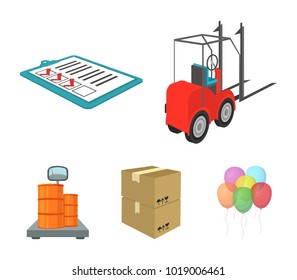 Forklift, delivery slips, packaged goods, cargo on weighing scales. Logistics and delivery set collection icons in cartoon style isometric vector symbol stock illustration web.