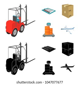 Forklift, delivery slips, packaged goods, cargo on weighing scales. Logistics and delivery set collection icons in cartoon,black style isometric vector symbol stock illustration web.