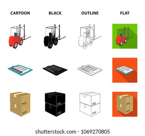 Forklift, delivery slips, packaged goods, cargo on weighing scales. Logistics and delivery set collection icons in cartoon,black,outline,flat style isometric vector symbol stock illustration web.