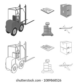 Forklift, delivery slips, packaged goods, cargo on weighing scales. Logistics and delivery set collection icons in outline,monochrome style isometric vector symbol stock illustration web.