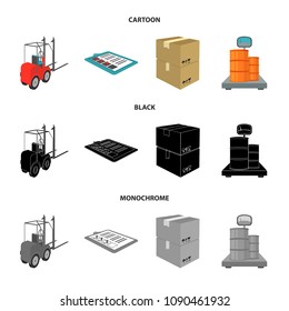 Forklift, delivery slips, packaged goods, cargo on weighing scales. Logistics and delivery set collection icons in cartoon,black,monochrome style isometric vector symbol stock illustration web.