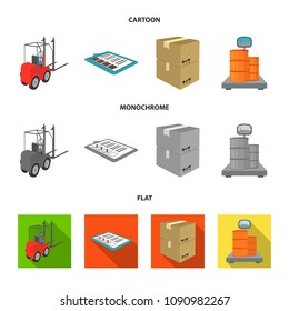 Forklift, delivery slips, packaged goods, cargo on weighing scales. Logistics and delivery set collection icons in cartoon,flat,monochrome style isometric vector symbol stock illustration web.