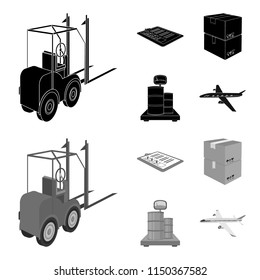 Forklift, delivery slips, packaged goods, cargo on weighing scales. Logistics and delivery set collection icons in black,monochrom style isometric vector symbol stock illustration web.