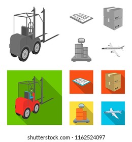 Forklift, delivery slips, packaged goods, cargo on weighing scales. Logistics and delivery set collection icons in monochrome,flat style isometric vector symbol stock illustration web.