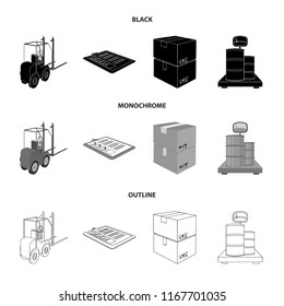 Forklift, delivery slips, packaged goods, cargo on weighing scales. Logistics and delivery set collection icons in black,monochrome,outline style isometric vector symbol stock illustration web.