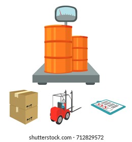 Forklift, delivery slips, packaged goods, cargo on weighing scales. Logistics and delivery set collection icons in cartoon style isometric vector symbol stock illustration web.