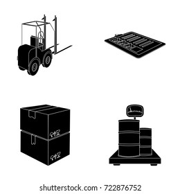 Forklift, delivery slips, packaged goods, cargo on weighing scales. Logistics and delivery set collection icons in black style isometric vector symbol stock illustration web.
