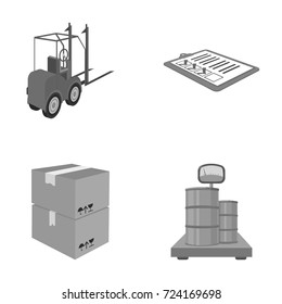 Forklift, delivery slips, packaged goods, cargo on weighing scales. Logistics and delivery set collection icons in monochrome style isometric vector symbol stock illustration web.