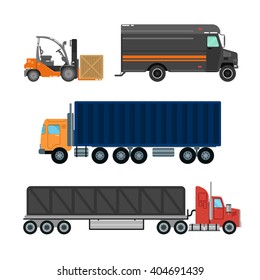Forklift Delivery Truck, Trailer. Logistics Industry. Heavy Cargo Transportation. Vector illustration