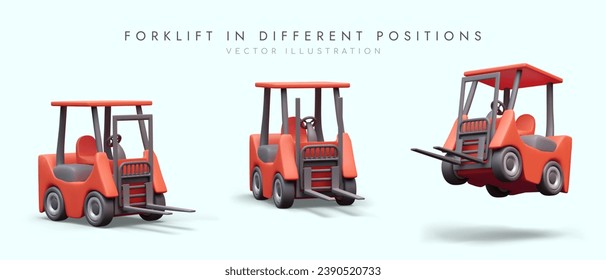 Forklift in different positions on blue background. Pallet stacker truck equipment. Concept of warehouse, transportation, and delivery. Colorful 3d vector illustration in cartoon style