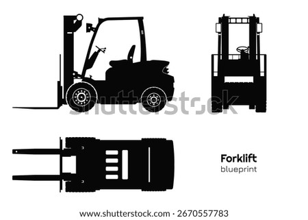 Forklift drawing. Isolated cargo loader silhouette. Side, front and top view of industrial machine. Model of warehouse transport. Logistic vehicle. Vector illustration