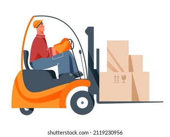 Elevador de horquilla con cajas de paquetes móviles de caracteres del conductor en la ilustración vectorial de almacén. Hombre de dibujos animados manejando máquina de carga de carga, operador de vehículos de servicio de entrega con uniforme aislado en blanco