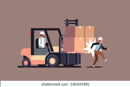 forklift driver hitting colleague factory accident concept warehouse logistic transport driver dangerous injured worker horizontal