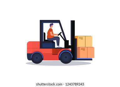 Forklift Driver Loader Pallet Stacker Truck Equipment Warehouse Delivery Concept Isolated Flat