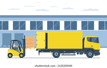 Forklift with driver loading a truck. Vector illustration.