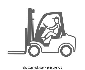 forklift with driver sign.black and white line, flat design.vector image isolated on white.