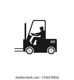 forklift with driver vector icon Illustration, black isolated on white.