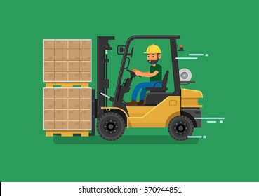 Forklift driver at work in storehouse. Vector illustration