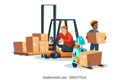 Forklift with driver, worker and robot carrying cardboard boxes. Vector cartoon illustration of lift truck with goods, autonomous robot and warehouse staff isolated on white background