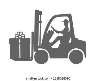 forklift with driver.loader with a gift box.flat black and white design, isolated on white.