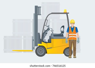 Forklift electric. Modern warehouse. Vector illustration