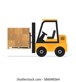 Forklift flat vector icon. Illustration of forklift truck is raising a pallet.