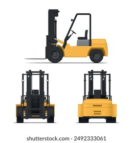 Forklift with fork extensions industrial cargo logistic lift loading front back side view realistic vector illustration. Freight machine transportation warehouse and construction service vehicle