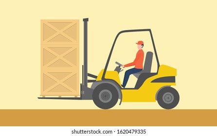 forklift goods container on the warehouse with man driving the yellow fork lift