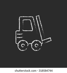 Forklift hand drawn in chalk on a blackboard vector white icon isolated on a black background.