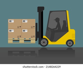 forklift holdiing pllet with cardboard boxes, vector illustration 