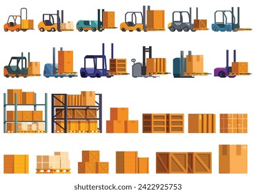 Forklift holding box icons set cartoon vector. Warehouse worker. Cardboard storage