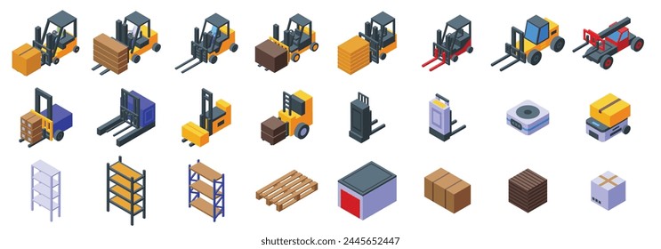 Forklift holding box icons set isometric vector. Warehouse worker. Storage lift