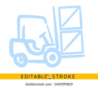 Forklift Icon. Blue Color Line Doodle Sketch. Editable Stroke Icon.