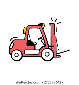 Ícone de empilhadeira em estilo doodle, denotando equipamento industrial, transporte de depósito e manuseio de carga.