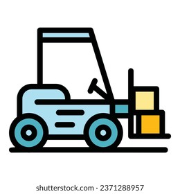 Vector de contorno del icono de elevación de la horquilla. Flete de tráfico. Color plano de entrega de carga