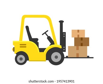 Forklift icon. Forklift, pallet with folded boxes, cargo. Cargo delivery, delivery, transportation. Vector illustration isolated on white background.