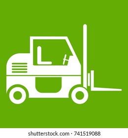 Forklift icon white isolated on green background. Vector illustration