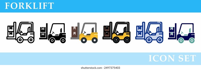 Forklift icons set. 6 Various styles. For sign, symbol, element, presentation, infographic or web graphics. Vector Illustration.