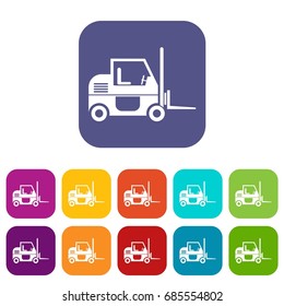Forklift icons set vector illustration in flat style in colors red, blue, green, and other