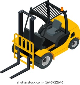 Forklift isometric concept. Vector design. The mechanism for non-contact loading of heavy cargoes to a height. Vector design. 3d, flat, illustration. Element for infographics and game design.