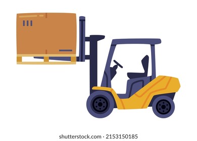 Forklift or Lift Truck Carrying Cardboard Box as Warehouse Equipment for Goods Moving Vector Illustration