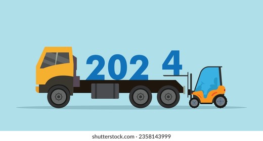 Forklift lifting 2024 numbers on a truck 2d vector illustration concept for banner, website, landing page, flyer, etc