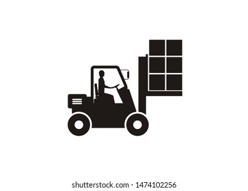 Forklift Lifting Boxes With The Driver Inside The Cab. Simple Icon.